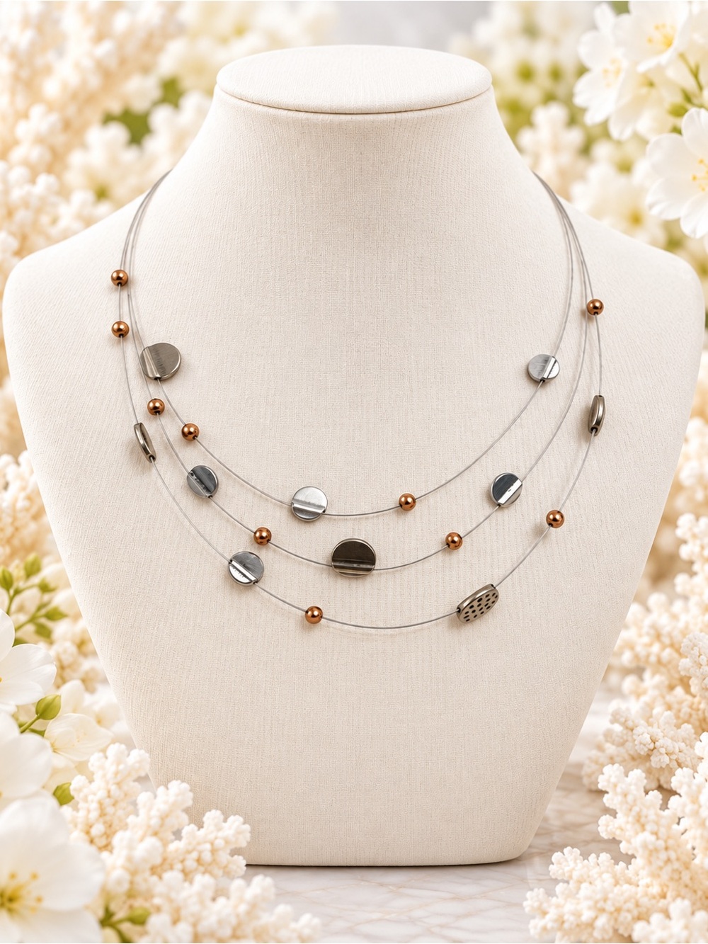 Multi-Strand Silver and Rose Gold Bead Necklace